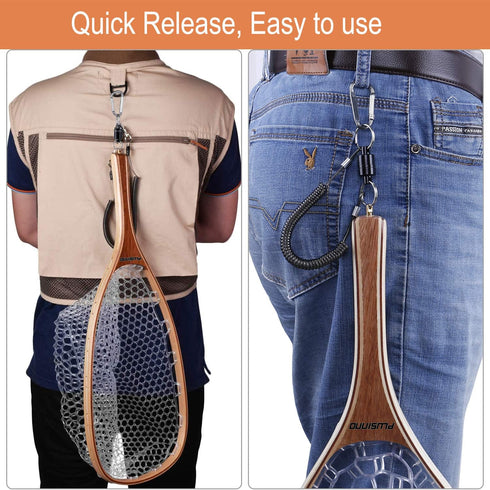 PLUSINNO Fly Fishing Net, Wooden Frame Landing Net with Magnetic Release, Soft Rubber Mesh for Trout Bass Catch
