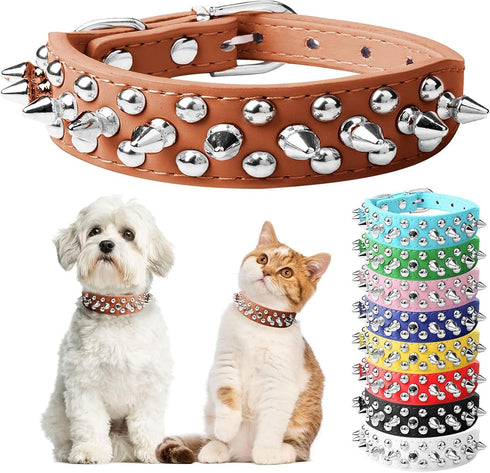 Adjustable Spiked Soft Leather Dog Cat Collar for Female Male, Brown, Anti Bite Studded for Small Dogs (Brown, XS)