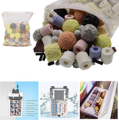 15 in 1 Aquarium Filter Media Bio Balls, Ceramic Rings, 500g Mesh Bag with Zipper, 2 Packs