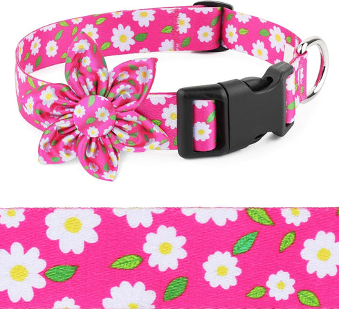 Daisy Pink Dog Collar, Cute Floral Bow for Small Medium Large Dogs, Soft and Fancy Pet Collars for Girls