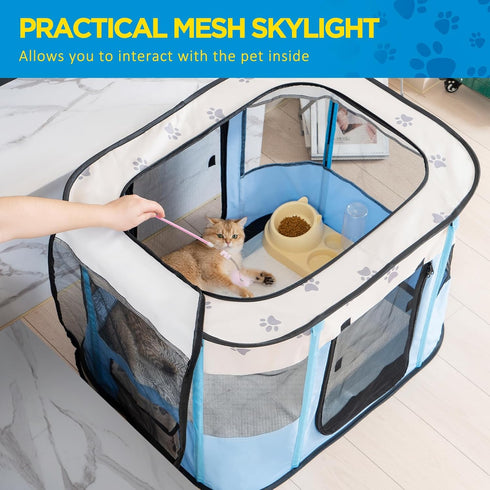 Avont Portable Dog Cat Playpen, Foldable Pop Up Pet Play Pen Travel Crate with Floor and Mesh Door Top for Indoor