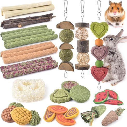 KATUMO Rabbit Chew Toys with 3 Types of Strung Hanging Toys, Natural