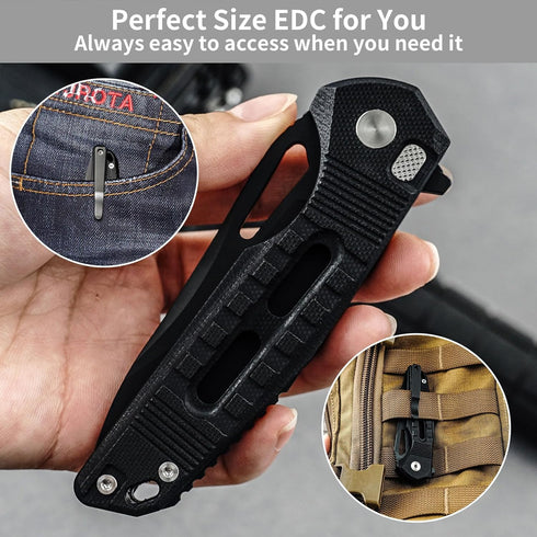 HX OUTDOORS Premium D2 Steel Folding Pocket Knife with Lock, Non-Slip G10 Handle and Pocket Clip (Black)