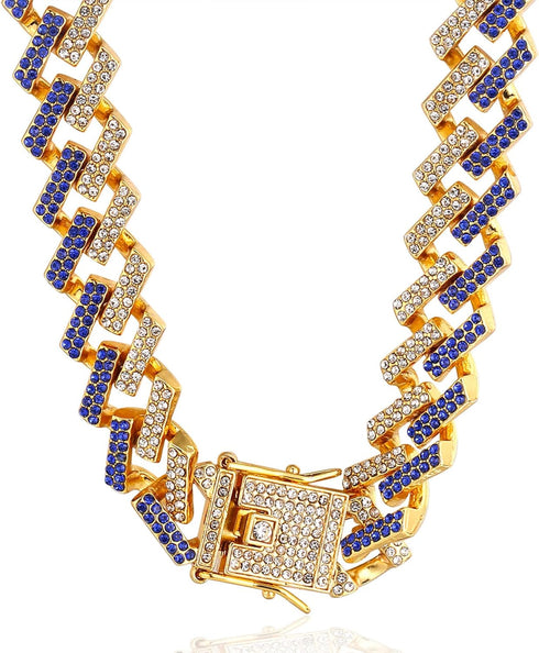 Halukakah Iced Out Gold Chain for Large Dogs - 14MM Diamond Cuban Link Necklace Collar with Blue Diamonds, 22" Size