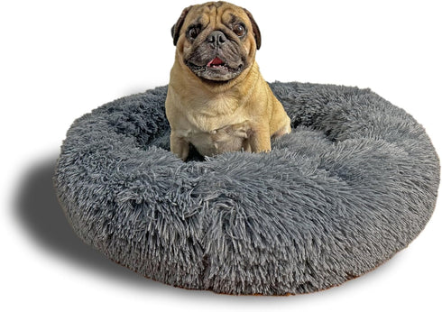 Round Fluppy Calming Pet Bed - Medium Washable Dog Bed, Faux Fur Cat Bed, Non-Slip Bottom, Grey