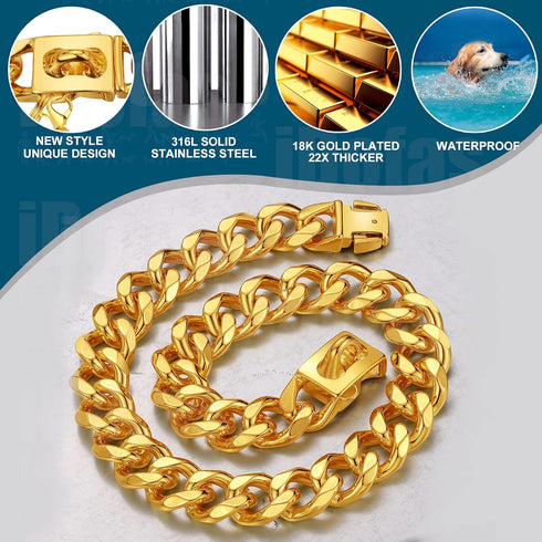 Gold Dog Chain Collar 19mm Cuban Link with Snap Buckle, 18K Gold Plated Stainless Steel for Puppy Small Medium Large