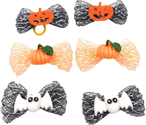 50Pcs Halloween Small Dogs Hair Bows, Puppy Hair Bow Ties with Pumpkin Skull Bat Ghost for Pet Grooming