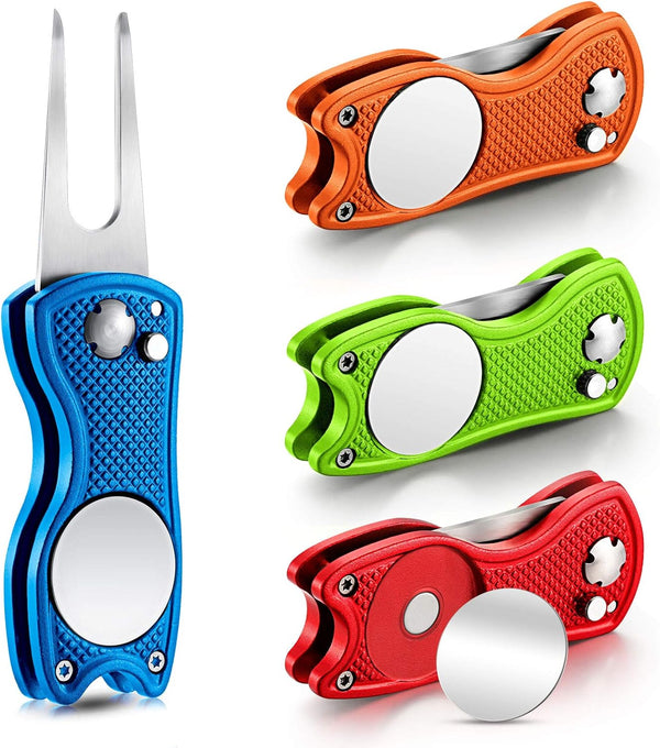 Skylety 4 Pieces Golf Divot Repair Tool with Magnetic Button Ball Marker, Stainless Steel Foldable Tool