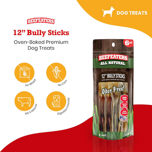 Beefeaters Dog Treats - 12in Bully Sticks, 6ct | All-Natural, Highly Digestible | Training Treats for All Dog Sizes