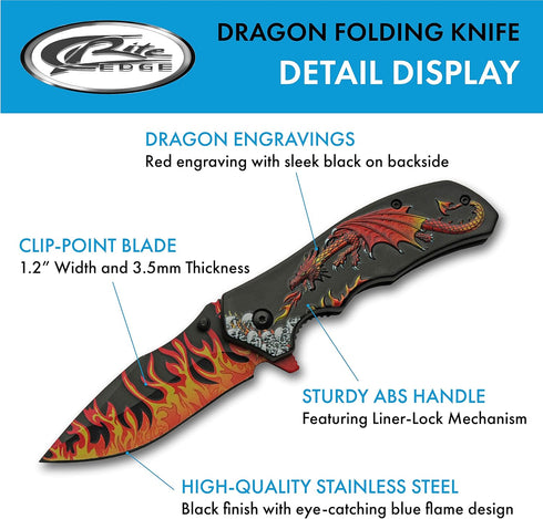 SZCO Supplies 8” Red Dragon Decaled Liner Lock Folding Knife with Pocket Clip by SZCO Supplies