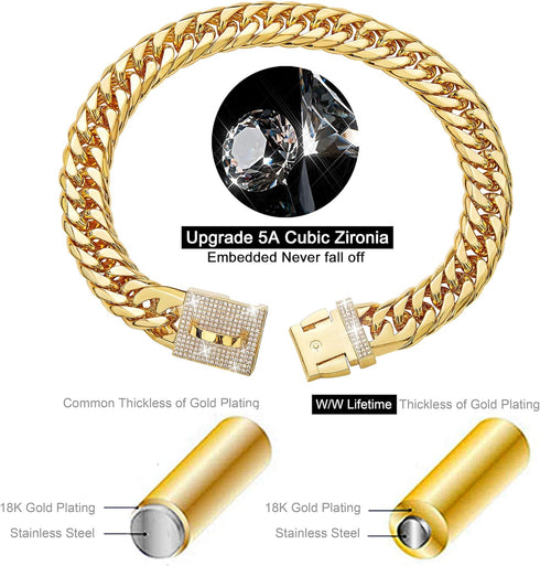 Dog Chain Collar Walking Metal Chain with Secure Buckle, Gold Cuban Link Heavy Duty for Medium Dogs (16MM, 16")
