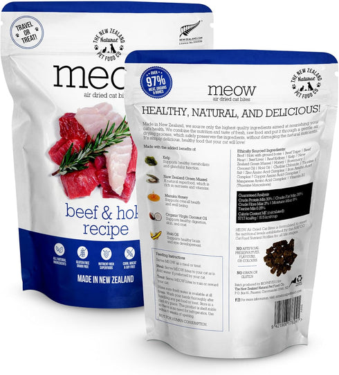 MEOW Air Dried Cat Food - Beef & Hoki Recipe, High Protein Dry Cat Food Use as a Complete Diet, Topper, Mixer, or as Cat Training Treats, All Life Stages, 3.5 oz