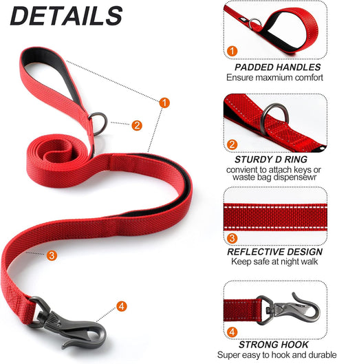 TwoEar 6FT Strong Red Dog Leash with 2 Padded Handles, Traffic Handle for Extra Control for All Dog Sizes