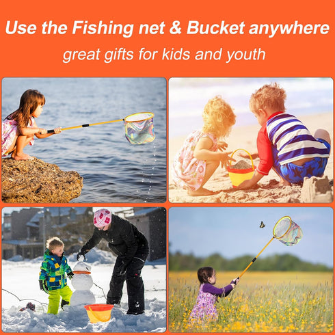 Kids Fishing Net, 2 Pack - Telescopic Landing Nets with Aluminum Pole Handle, Collapsible Bucket Sand Pail