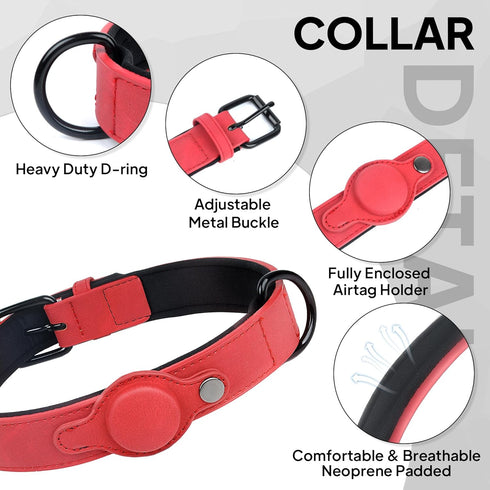PetiFine Leather Dog Collar with Airtag Holder, Soft Padded Adjustable Rust-proof Metal Buckle for Small Medium Large