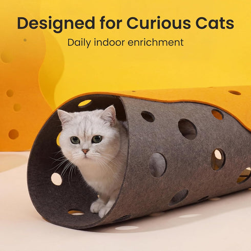 ZEZE Cheese Cat Tunnel for Indoor Cats, Felt Peek Hole Hide Tunnel Toy with Snap Buttons, Foldable Interactive Cat Play