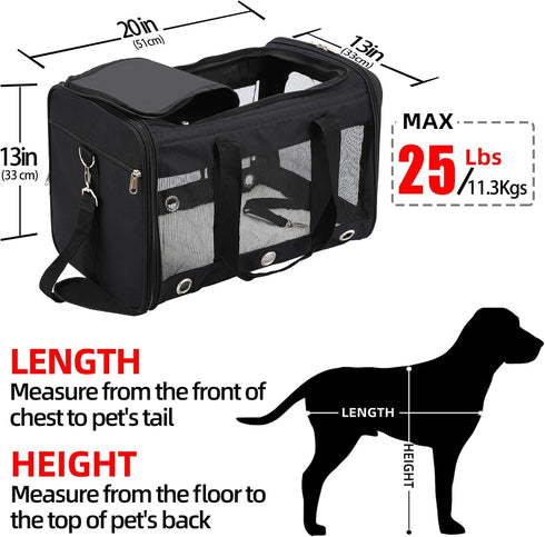 SWUVVI 25 LbsBlack Soft Sided Cat/Dog CarrierCollapsible Mesh Pets Travel Carriers for Pet/Puppy with Shoulder Strap
