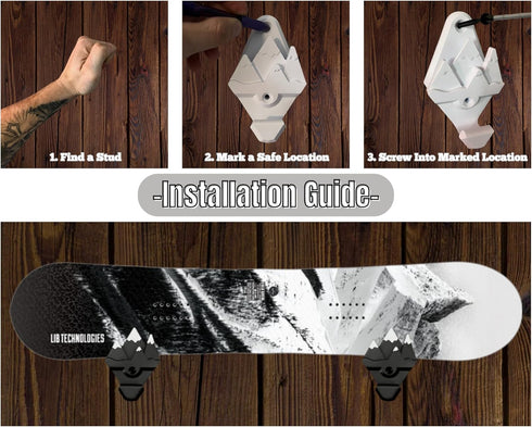 Snowboard Wall Mount with Hooks - Universal Design Snowboard Rack, Space Saver Wall Art (Black & White)