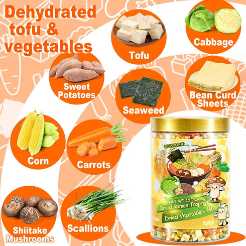 15oz 9 Dried Ramen Toppings Mixed Dehydrated Tofu & Vegetable with Mushrooms, Carrots & Cabbage, Freeze-Dried Veggies