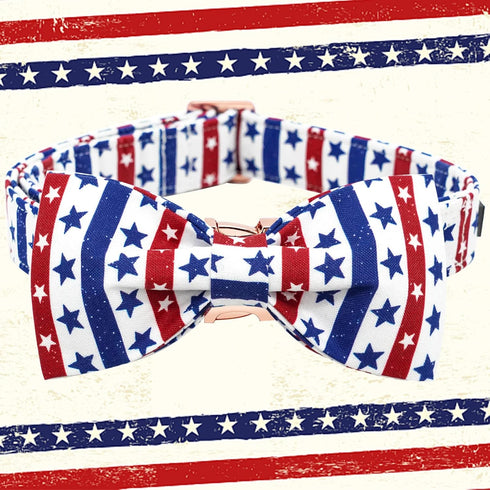 Independence Day Dog Collar, Elegant American Flag Bowtie Adjustable Soft Puppy Collar for Large Dogs