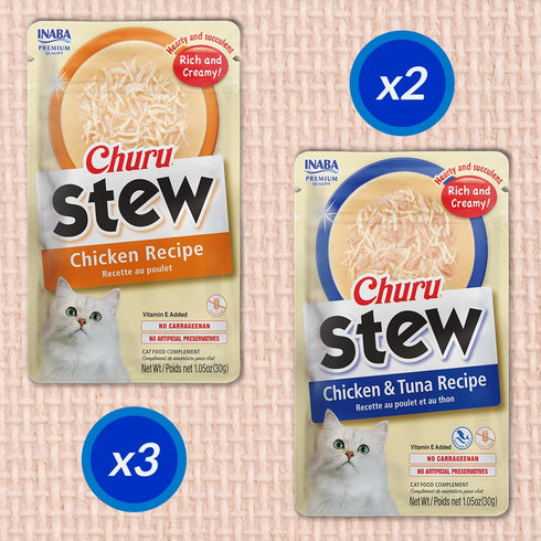 1.05 oz 15 INABA Churu Stew for Cats, Creamy Pure Side Dish Pouch, Pouches, Pouches Total, Chicken and Tuna Variety