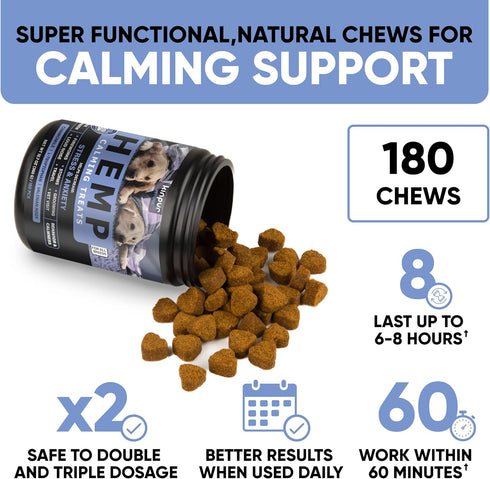 Kinpur Pet Care Calming Chews for Dogs - Hemp Oil Aid for Thunderstorms, Separation, Hip and Joint Health, 180 Chews