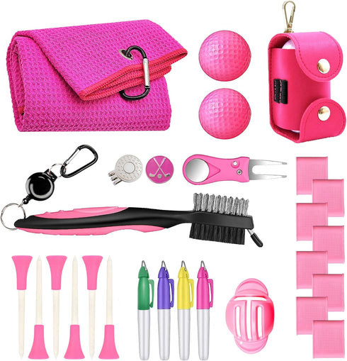 Golf Accessories Kit 20 PCS Gift Set - Golf Towel, Ball Marker, Pins, Cleaner, Pink Balls w/Holder, Alignment Kit