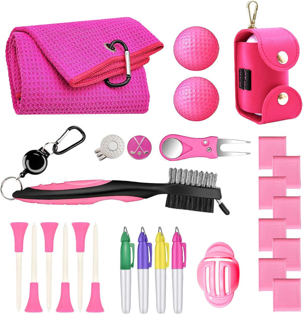 Golf Accessories Kit 20 PCS Gift Set - Golf Towel, Ball Marker, Pins, Cleaner, Pink Balls w/Holder, Alignment Kit