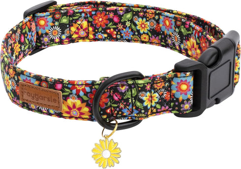 Faygarsle Floral Dog Collar for Girls, Soft Fancy Pet Collar with Flower Design for Small Medium Large Dogs (Black, S)