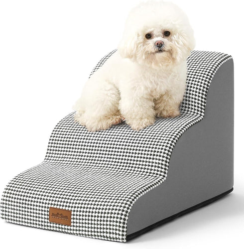 Dog Stairs for Couch or Low Bed, 3 Tiers Foam Pet Steps for Small Dogs, Non-Slip, White-Black, 15.7x22.4x15.7in