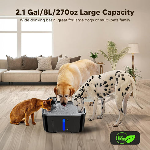 Dog Water Fountain for Large Dogs, 2.1GAL/8L/270oz with Water Level Window and LED Shortage Reminder