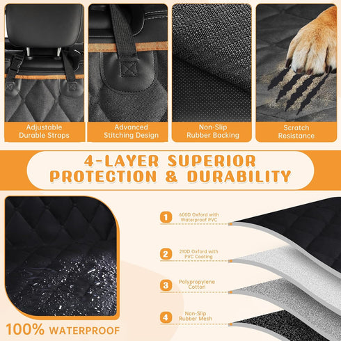 100% 600D (54" 59" Dog Car Seat Cover for Back Seat Waterproof, Long-Lasting and Soft Nonslip Backseat Cover for Cars