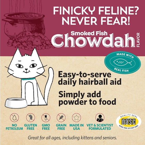 Fidobiotics Meowbiotics Hairball Buster Powder for Cats, 30 Servings, 2 Billion CFU Probiotics, Smoked Fish Chowdah