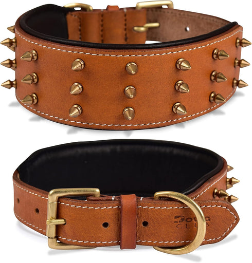 Genuine Leather Spike Dog Collar, Heavy Duty, Full Grain, 2" Wide, Brown with Gold Spikes (L, 18.5"-22.5")