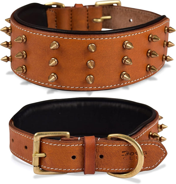 Genuine Leather Spike Dog Collar, Heavy Duty, Full Grain, 2" Wide, Brown with Gold Spikes (L, 18.5"-22.5")