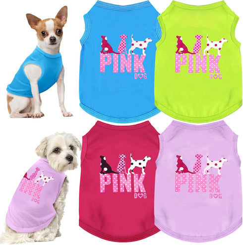 4 Pack Soft Lightweight Puppy T-shirt - Sleeveless Pink Dog Clothes for Small Dogs, Cats & Teacup Pups