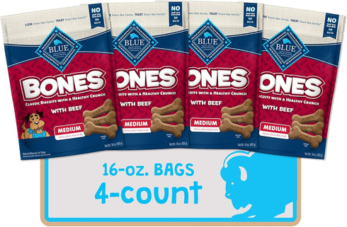 Blue Buffalo Bones Natural Crunchy Dog Treats Medium Dog Biscuits Beef, 16oz.