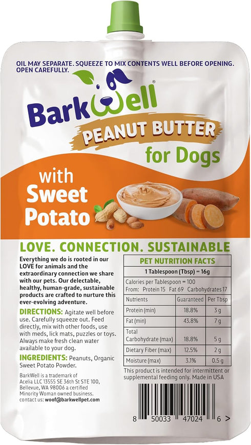 8oz BarkWell Peanut Butter Squeeze - Pouch Sweet Potato All-Natural Dog Peanut Butter, Sourced and Made in The USA