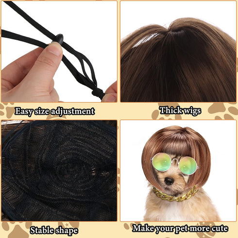3 Pieces Dog Cosplay Wig, Cat Wigs, Classic Funny Pet Accessories Include 3 Pieces Retro Pet Round Sunglasses and 1