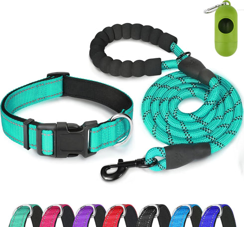 Dynmeow Reflective Dog Collar and Leash Set, Adjustable Pet Collar with Soft Neoprene Padding, 6FT Strong Climbing Rope