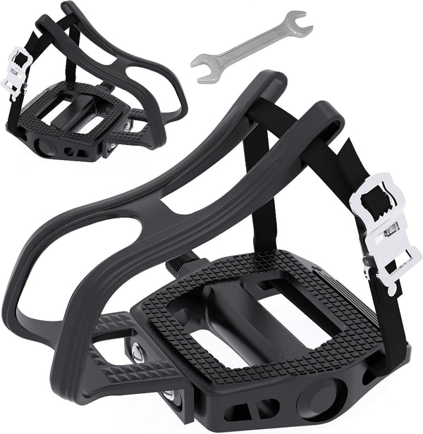 Bike Pedals with Toe Cages for Regular or Clipless Shoes, 9/16'' Spindle,