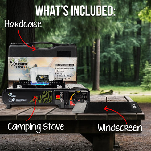 Jo Chef Portable Butane Camping Stove - 9,500 BTU Gas Stove for Camping/Road Trips, Includes Windshield, CSA Certified