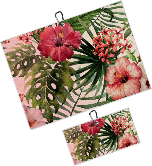 Tropical Floral Golf Towel 2 Packs, Pink Red Hibiscus Flowers Microfiber Waffle Golf Towels