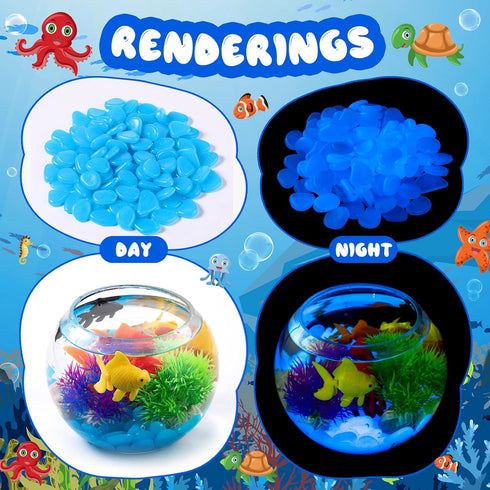 Jexine 100 Pcs Fish Tank Rocks Glow Blue, Fish Tank Stones Accessories with 10 Pack Artificial Aquatic Plants