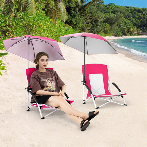 330lbs (1,Pink) GYMAX Beach Chair with Umbrella, Folding Low Beach Chairs with High Back, Adjustable Sunshade & Carry