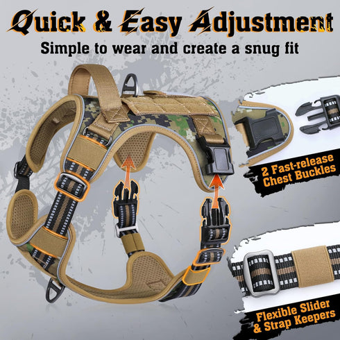 rabbitgoo Medium No Pull Dog Harness - Tactical Service Vest with Molle, Adjustable, Brown Camo