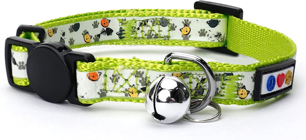 Pawtitas Pet Glow In The Dark Cat Collar with Safety Buckle and Bell, Green Hook