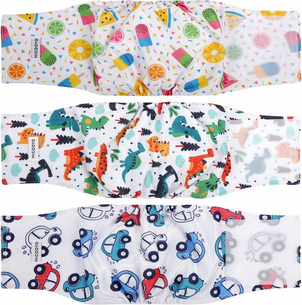 MICOOYO 3 Pack Belly Bands for Male Dogs, Reusable Washable Dog Diapers, XSmall (S, Car) for Puppy Doggie