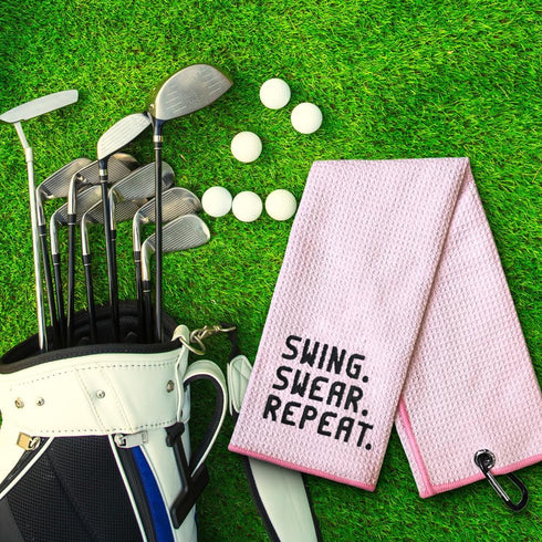 Swing Swear Repeat Embroidered Pink Golf Towel, Funny Golf Towel for Golf Bag, Gift for Golfer