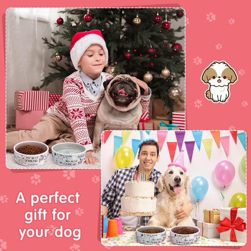 2 Pcs 5 Inch Ceramic Dog Bowl, Cute Cartoon Pattern, Durable Dog Dishes for Small Dogs, Dishwasher Safe